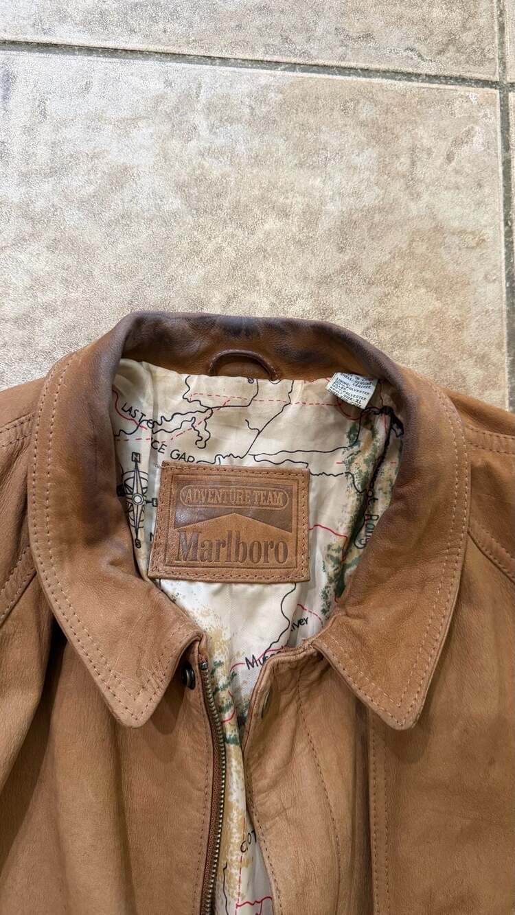 Vintage 90s Marlboro Adventure Team Brown Leather Jacket Size XL - Picture 2 of 4